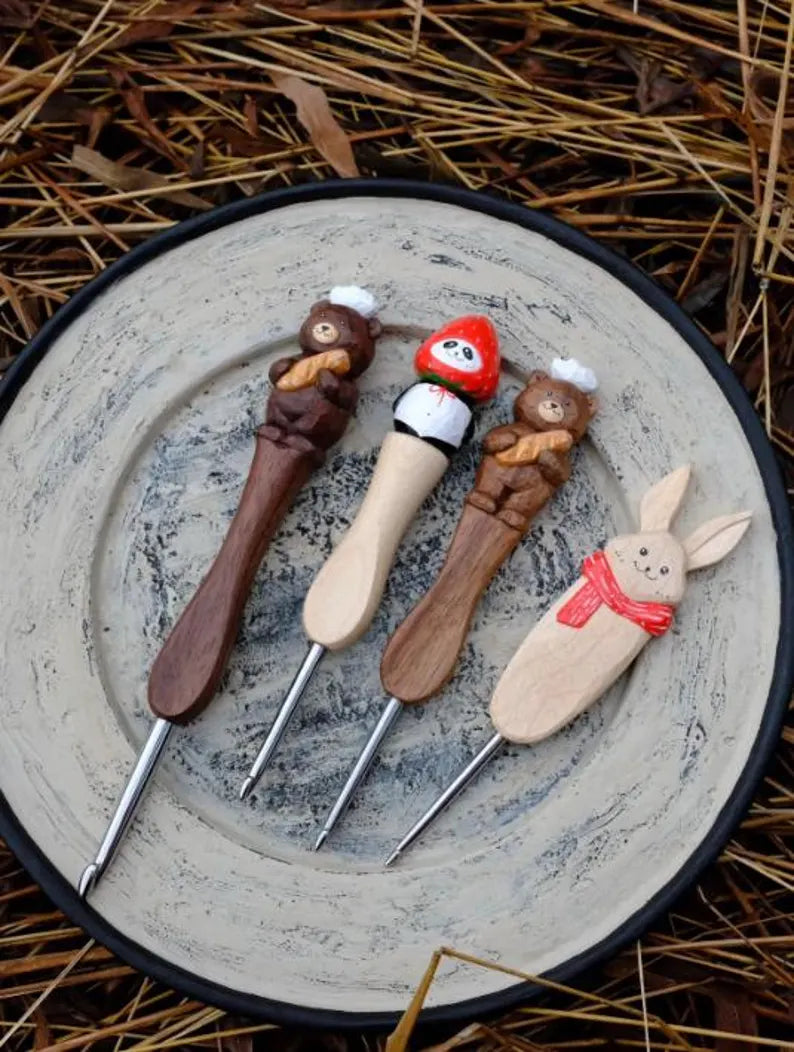 Hand Carved Wooden Animal Crochet Hook