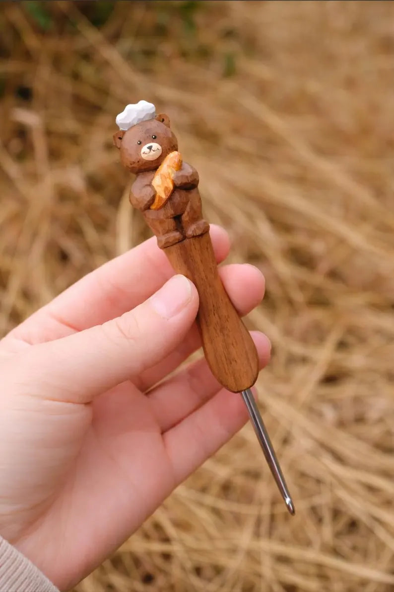 Hand Carved Wooden Animal Crochet Hook